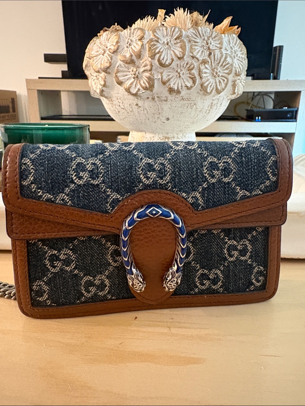 Gucci Blue Denim & Brown Leather Dionysus Crossbody Bag with Blue Enamel Detail - Picture 1 of 4